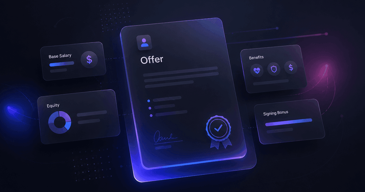 A dark glass job offer document with a verified seal, surrounded by floating compensation cards for base salary, equity, benefits, and signing bonus. The cover image for the Orbyt job offer guide.