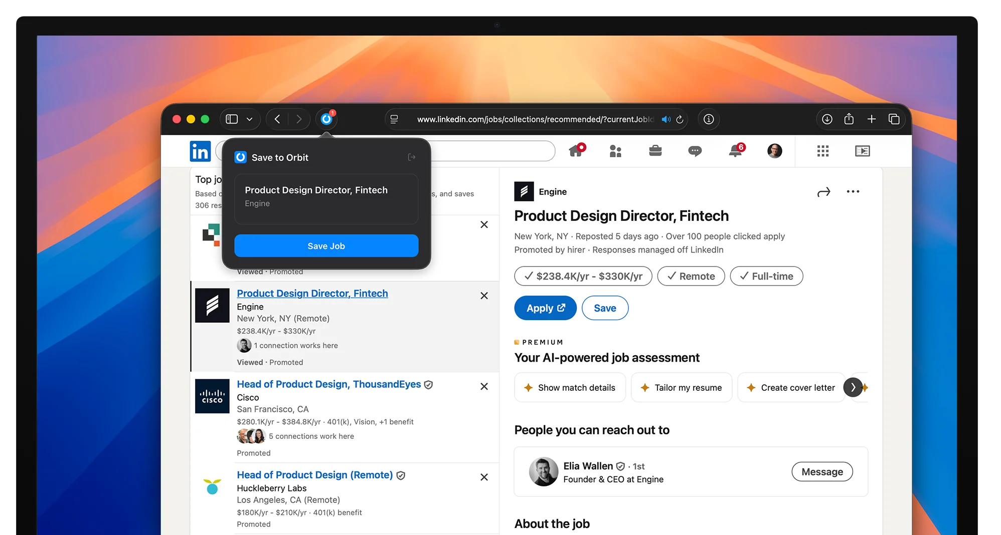 Orbyt browser extension saving a job from LinkedIn on a MacBook