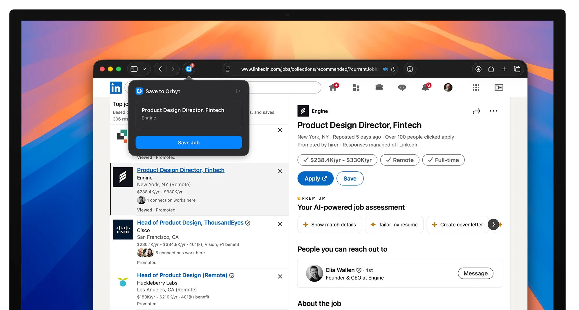 Orbyt browser extension saving a job from LinkedIn on a MacBook