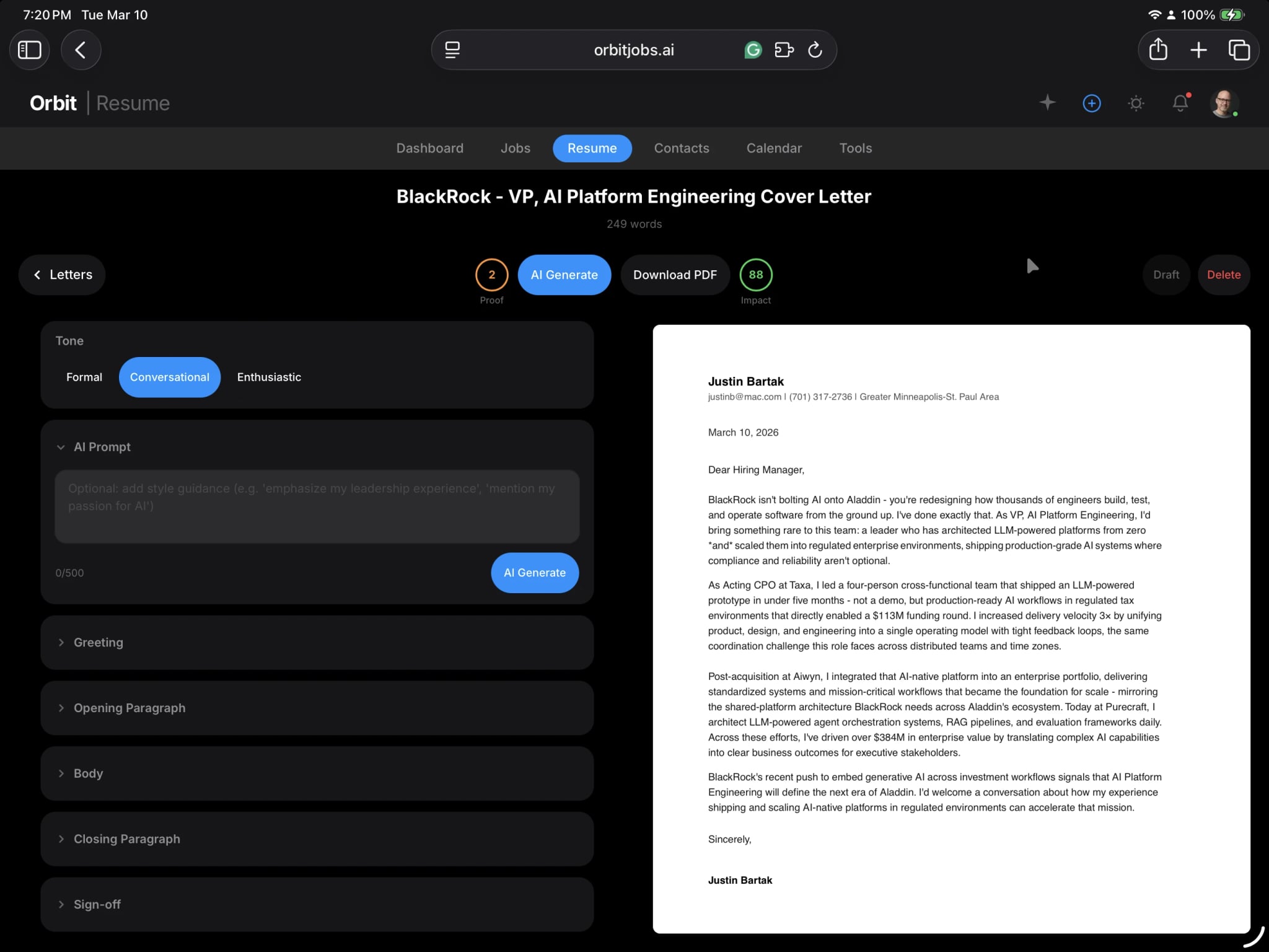 Orbyt AI cover letter generator with personalized cover letters tailored to specific job descriptions