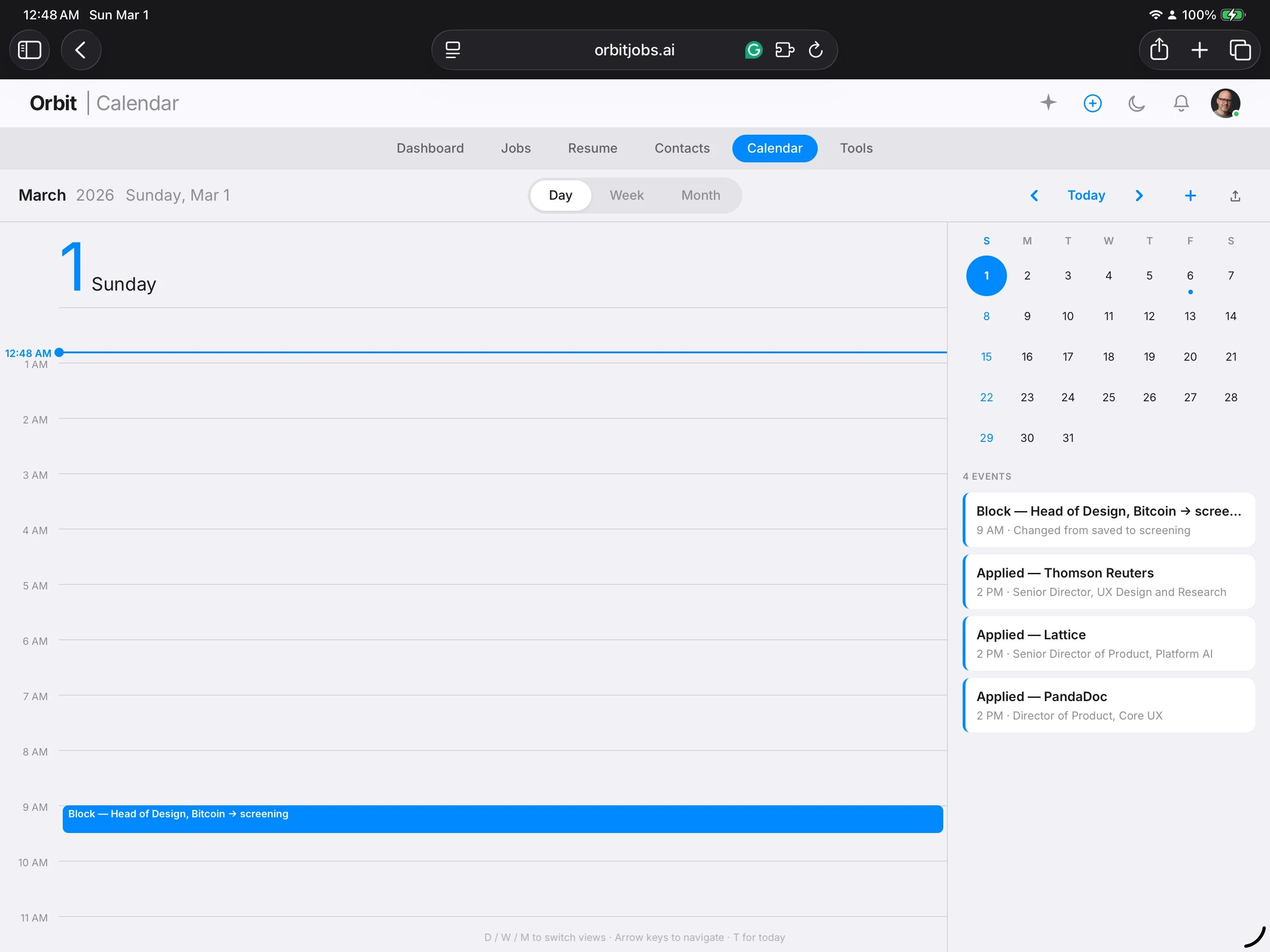 Orbyt calendar event details with interview prep notes and reminders