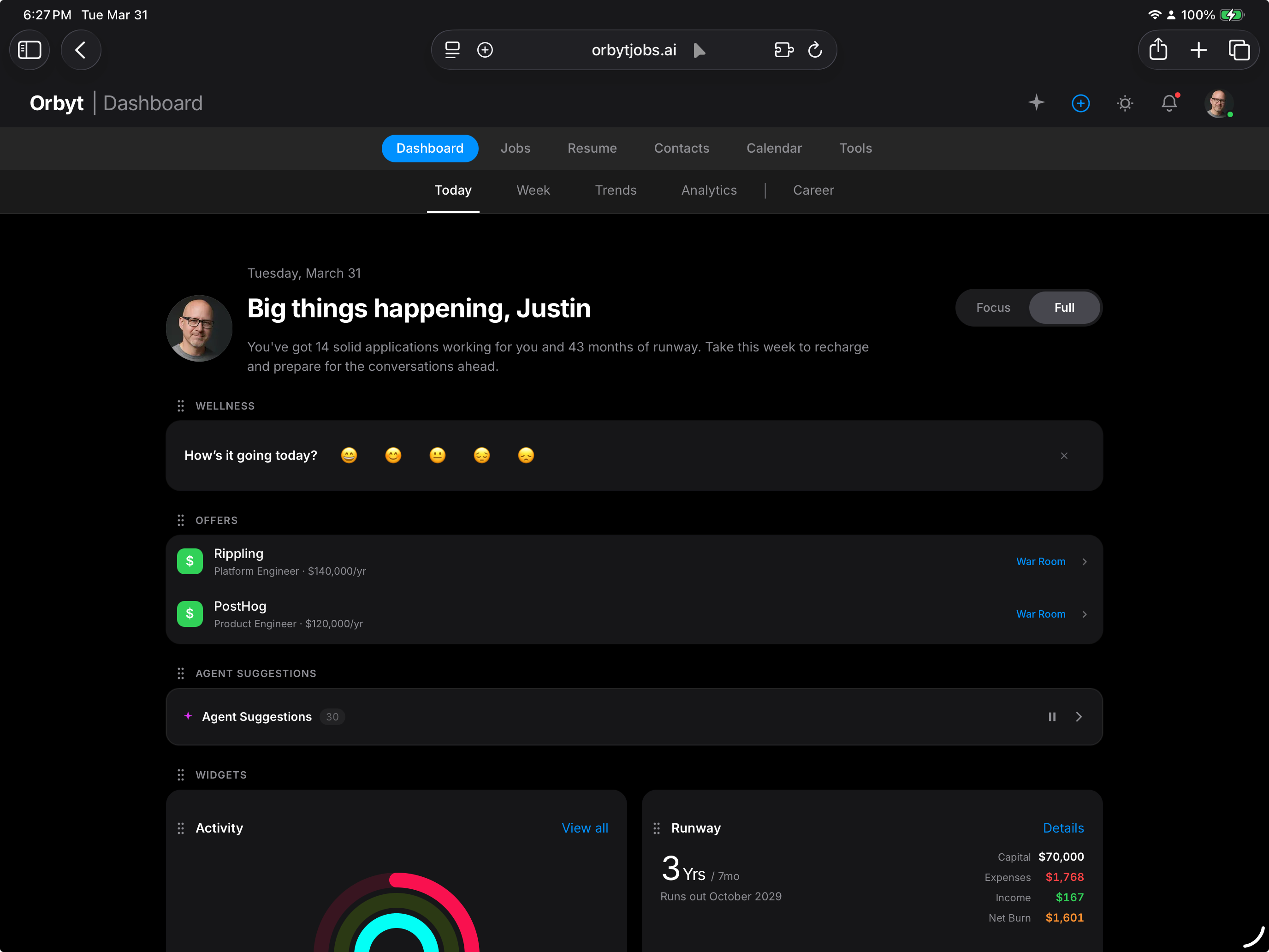 Orbyt dashboard Today tab showing action items, agent suggestions, and follow-up reminders