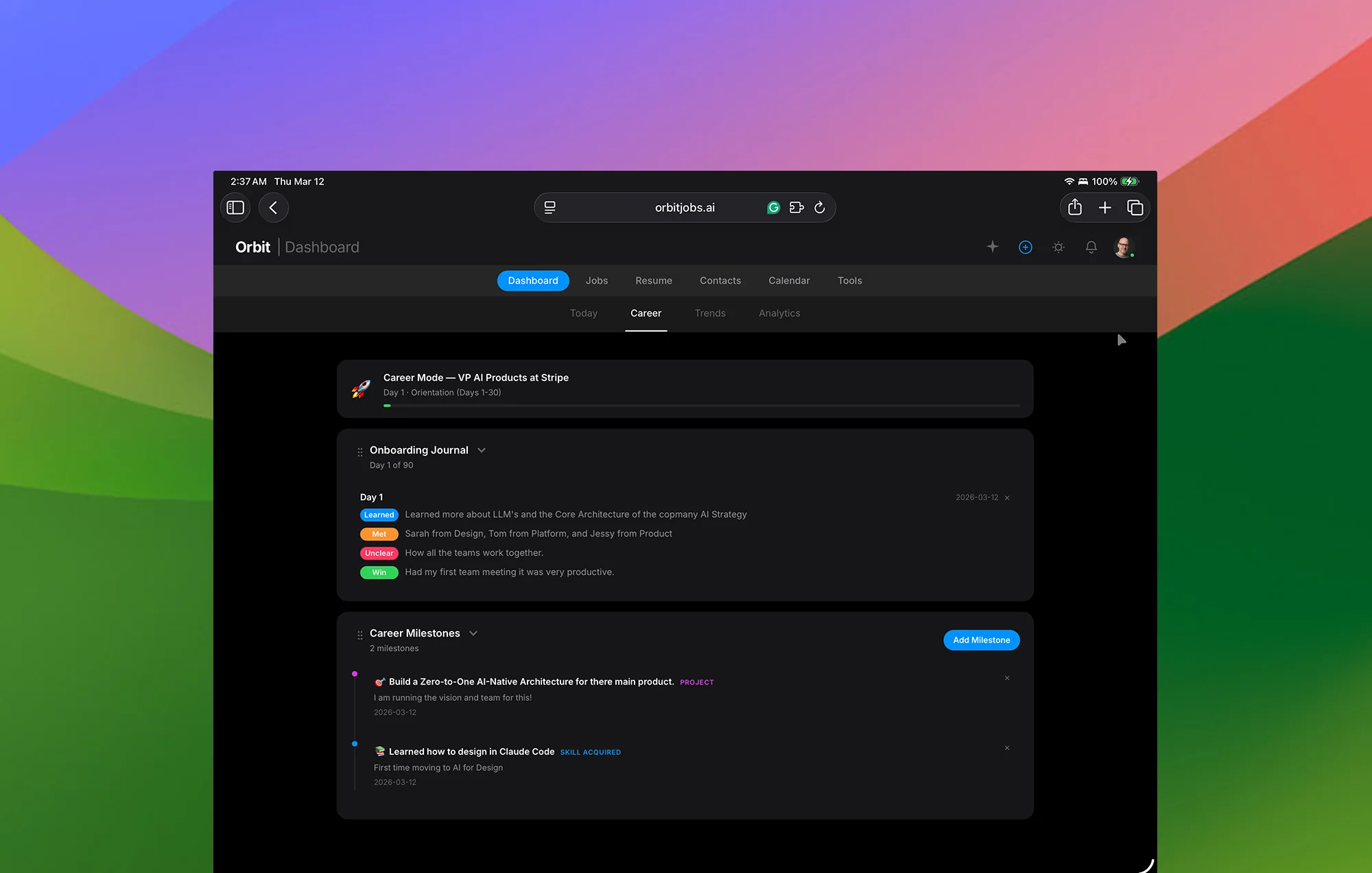 Orbyt Career Mode showing 90-day onboarding journal with milestone tracking and salary history