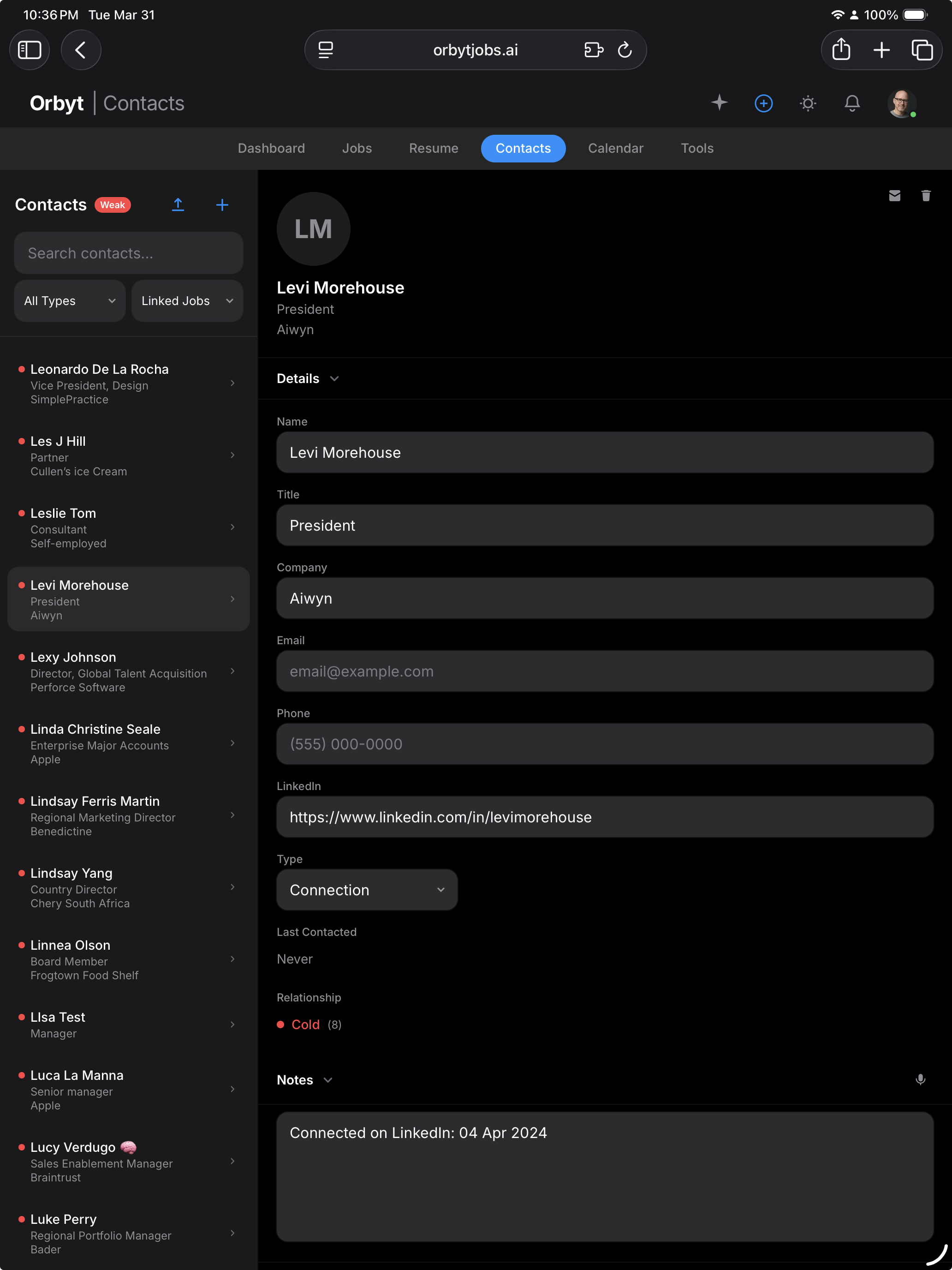 Orbyt contact management CRM with AI-powered LinkedIn profile capture