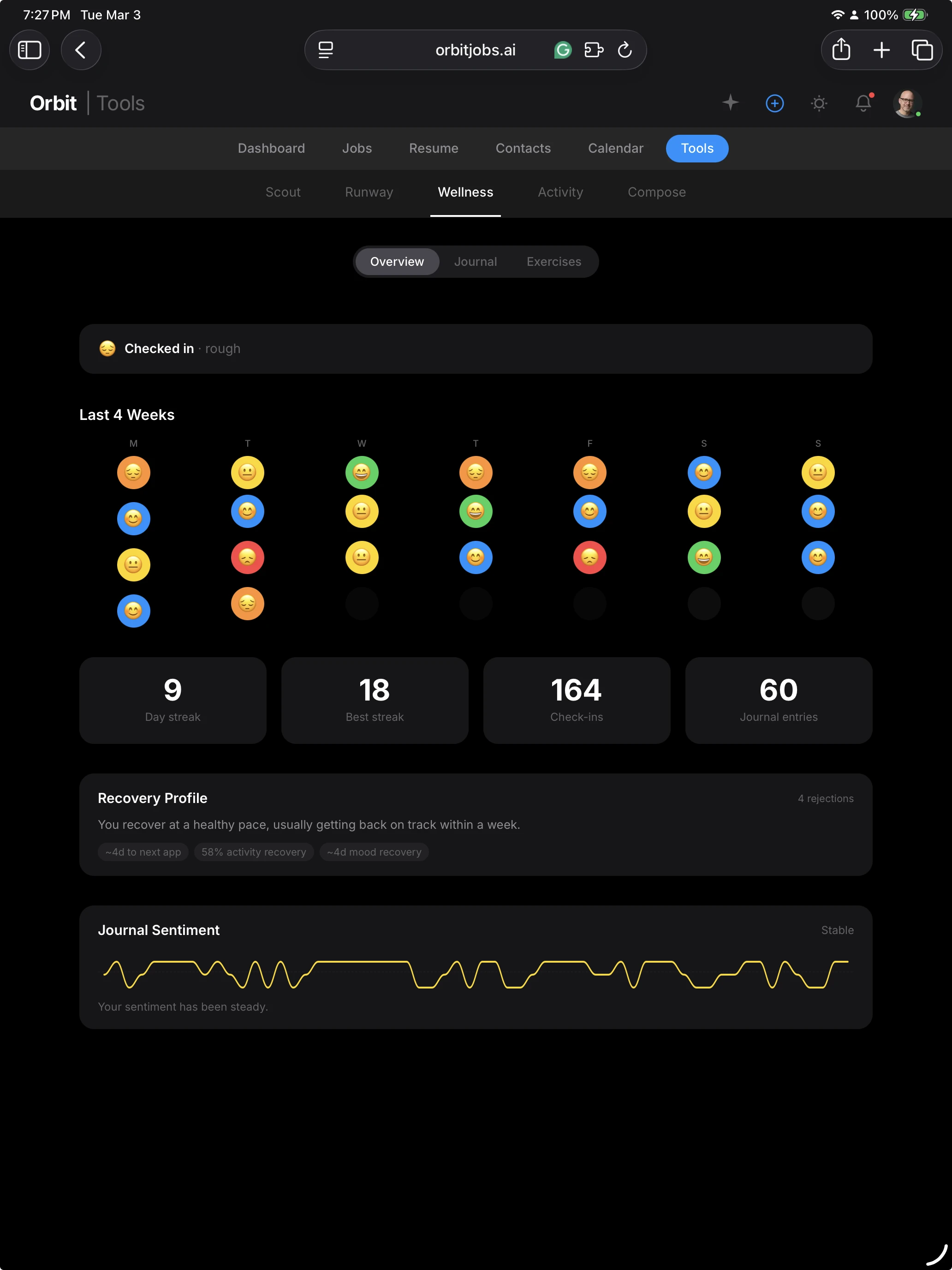 Orbyt career wellness coach with daily mood check-ins and resilience streaks