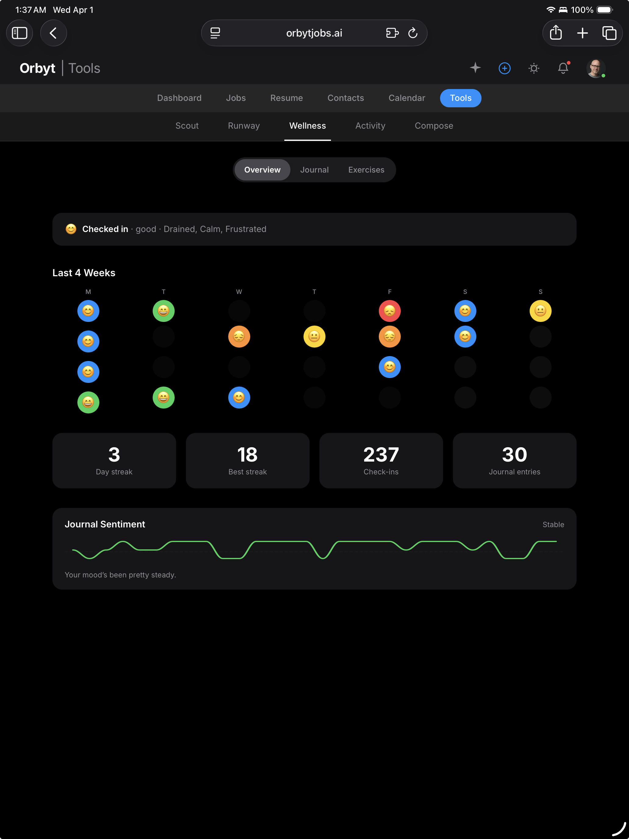 Orbyt career wellness coach with daily mood check-ins and resilience streaks