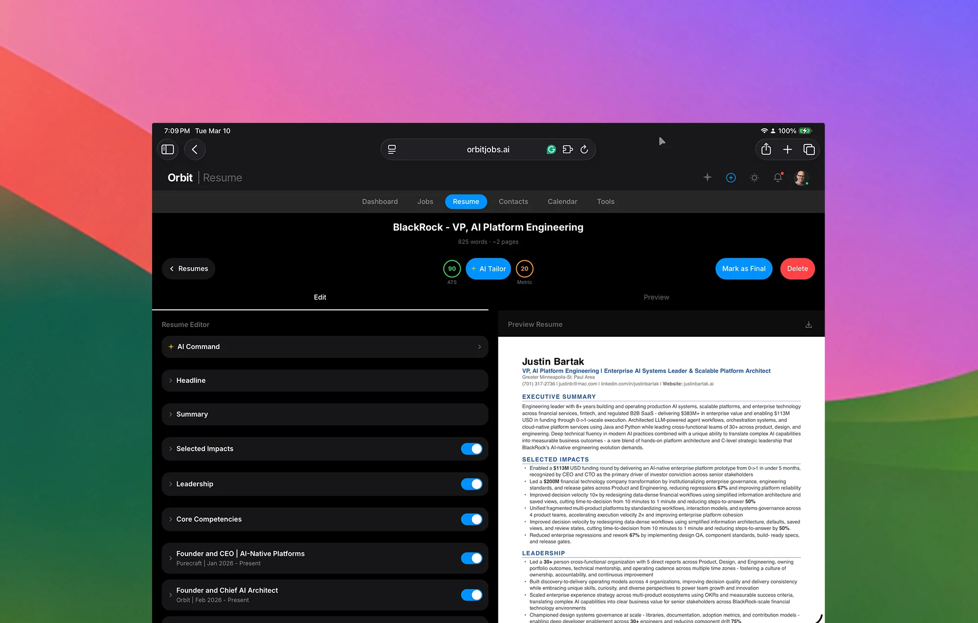 Orbyt AI resume builder showing tailored resume with ATS score