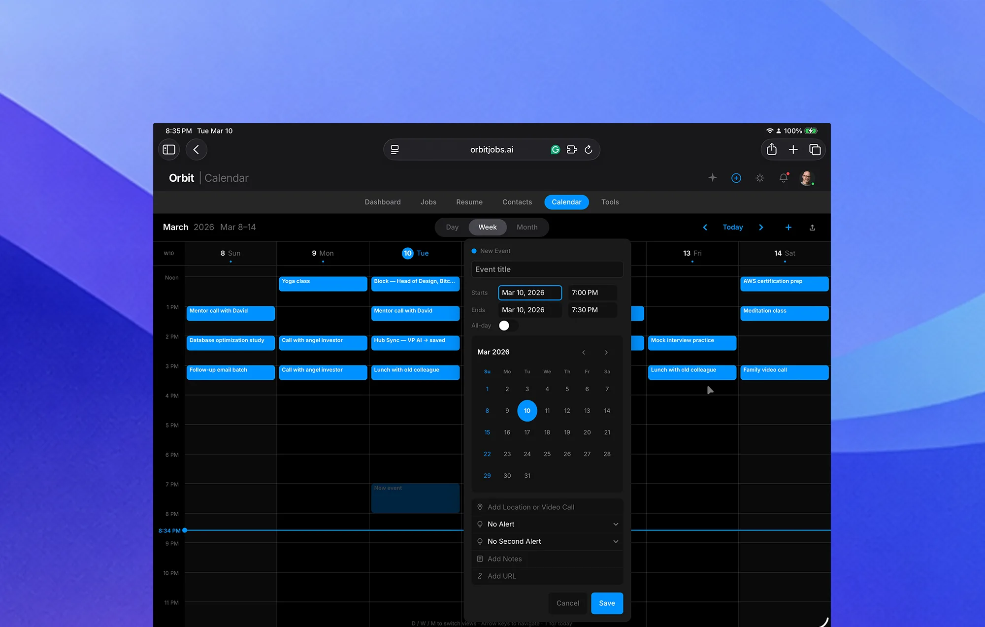 Orbyt calendar view showing interview schedule synced from job pipeline