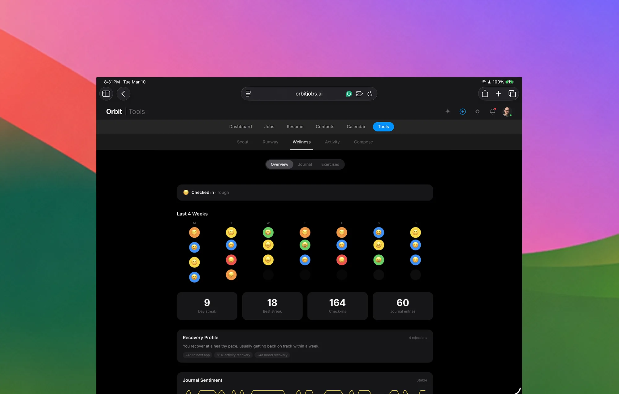 Orbyt wellness coach with mood check-ins, journaling, and breathing exercises