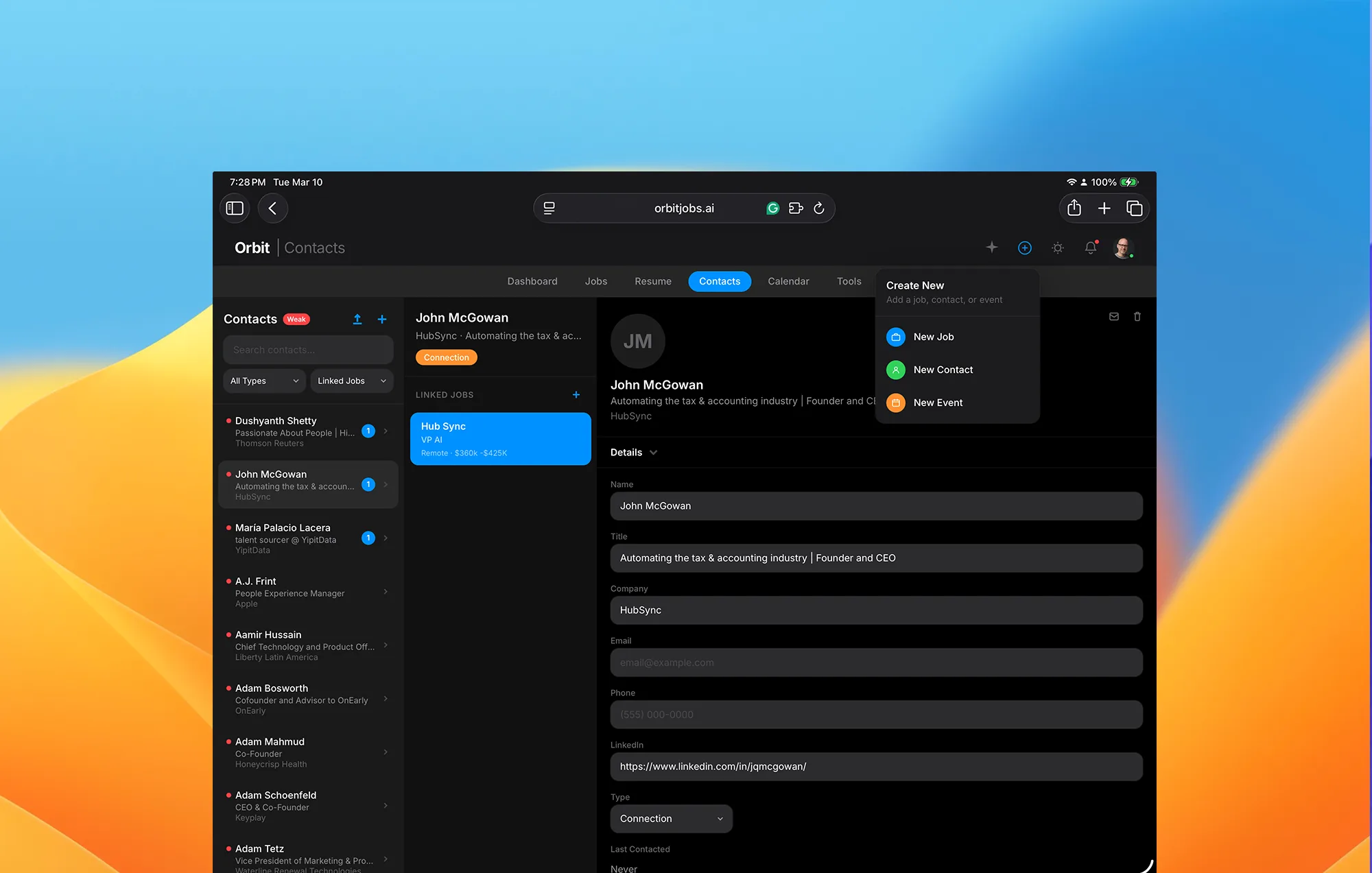 Orbyt contact CRM showing AI-captured LinkedIn profile with relationship types