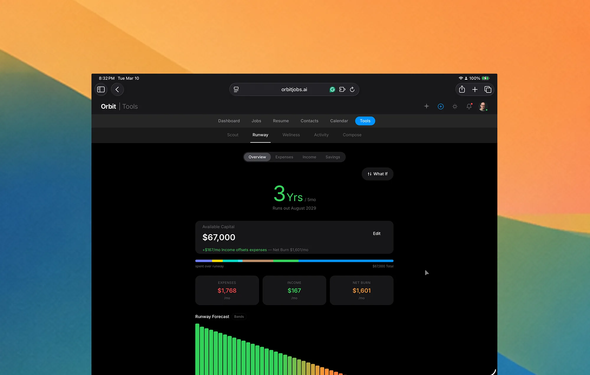 Orbyt financial runway planner showing monthly expenses and savings projection