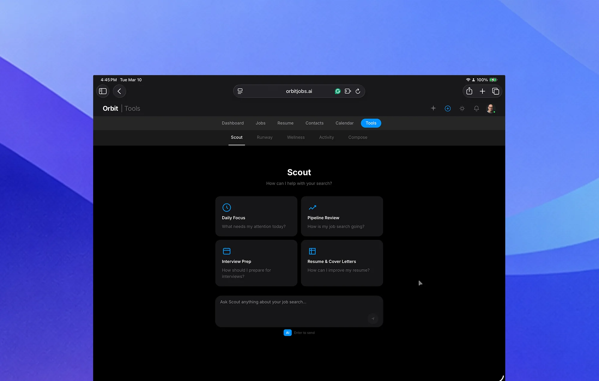 Orbyt Scout AI assistant providing job search coaching and company research