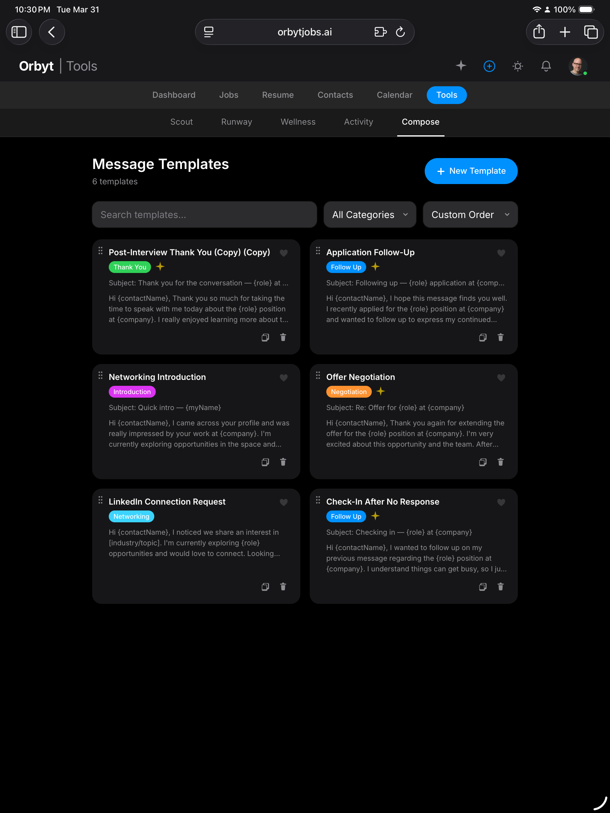 Orbyt smart follow-up reminders with email templates for job applications