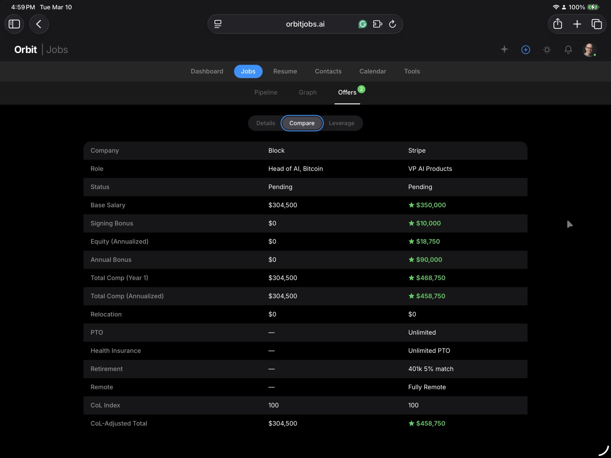 Orbyt job offers comparison view showing salary, benefits, and compensation details side by side