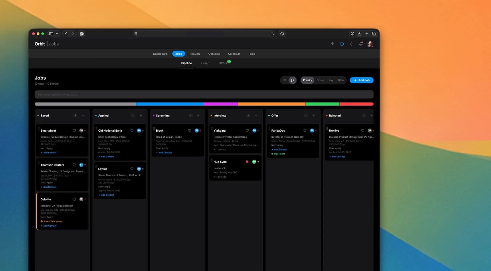 Orbyt pipeline tracker showing job applications organized across stages