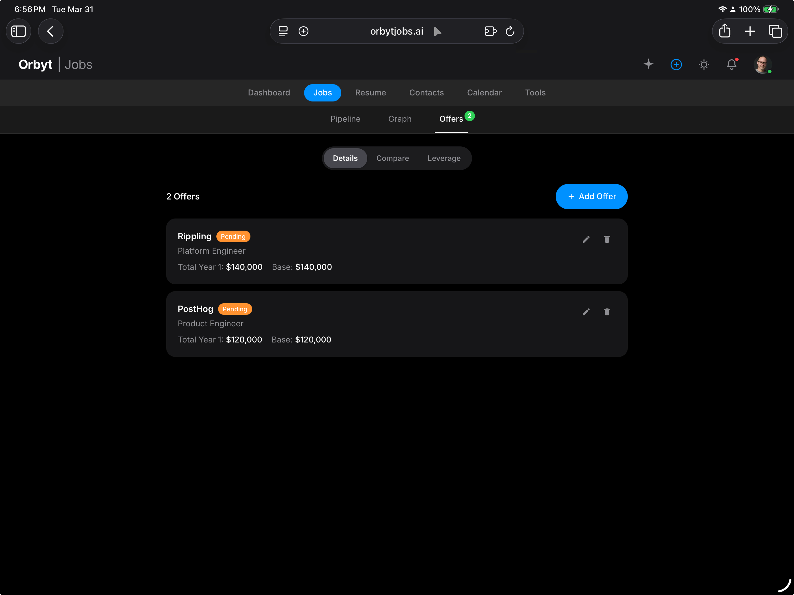 Orbyt offers list view showing two competing offers with total compensation