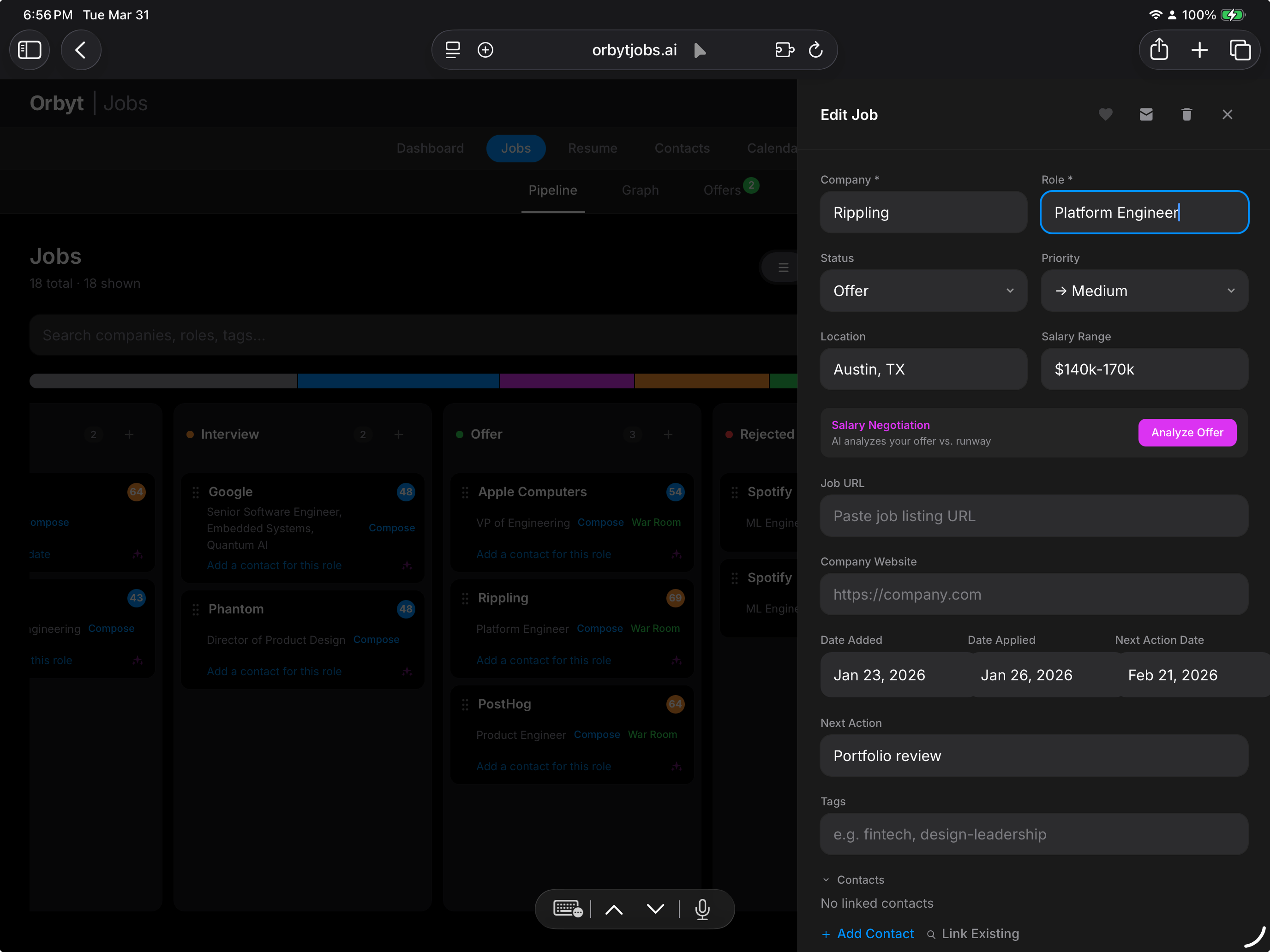 Orbyt job offer details panel with salary, equity, and benefits breakdown