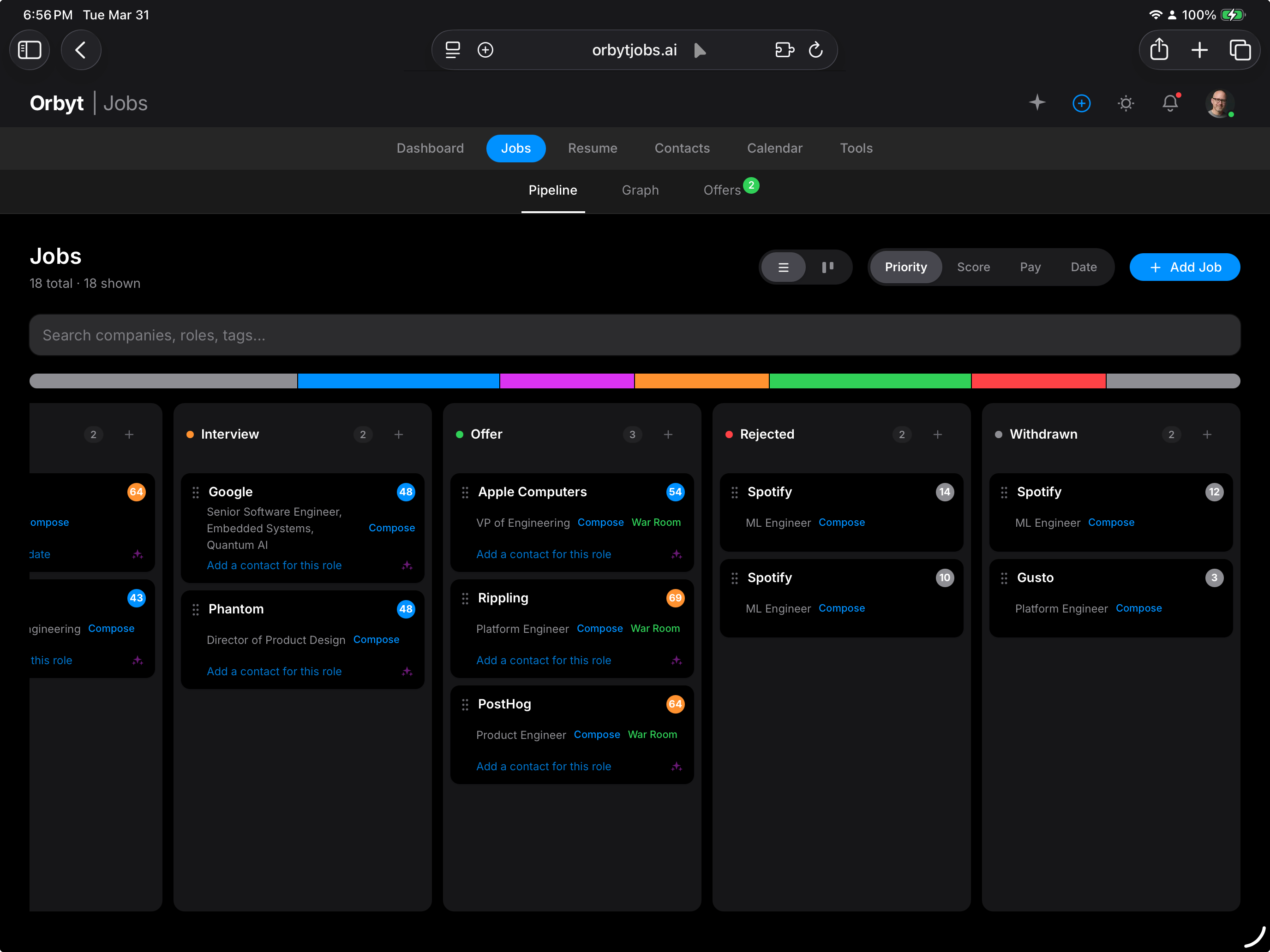 Orbyt job pipeline showing offer stage with multiple competing offers highlighted