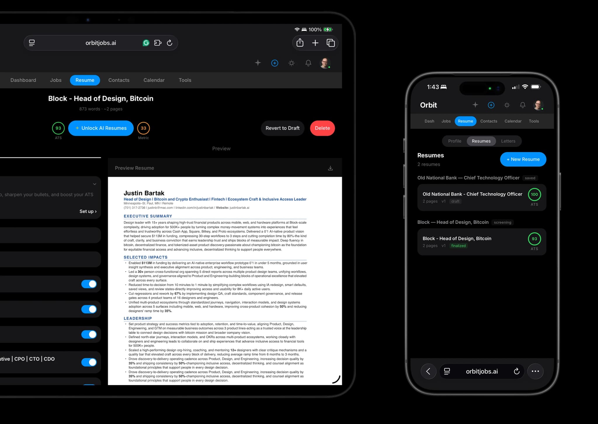 Orbyt syncing in real-time between iPhone and iPad showing the same job pipeline in dark mode