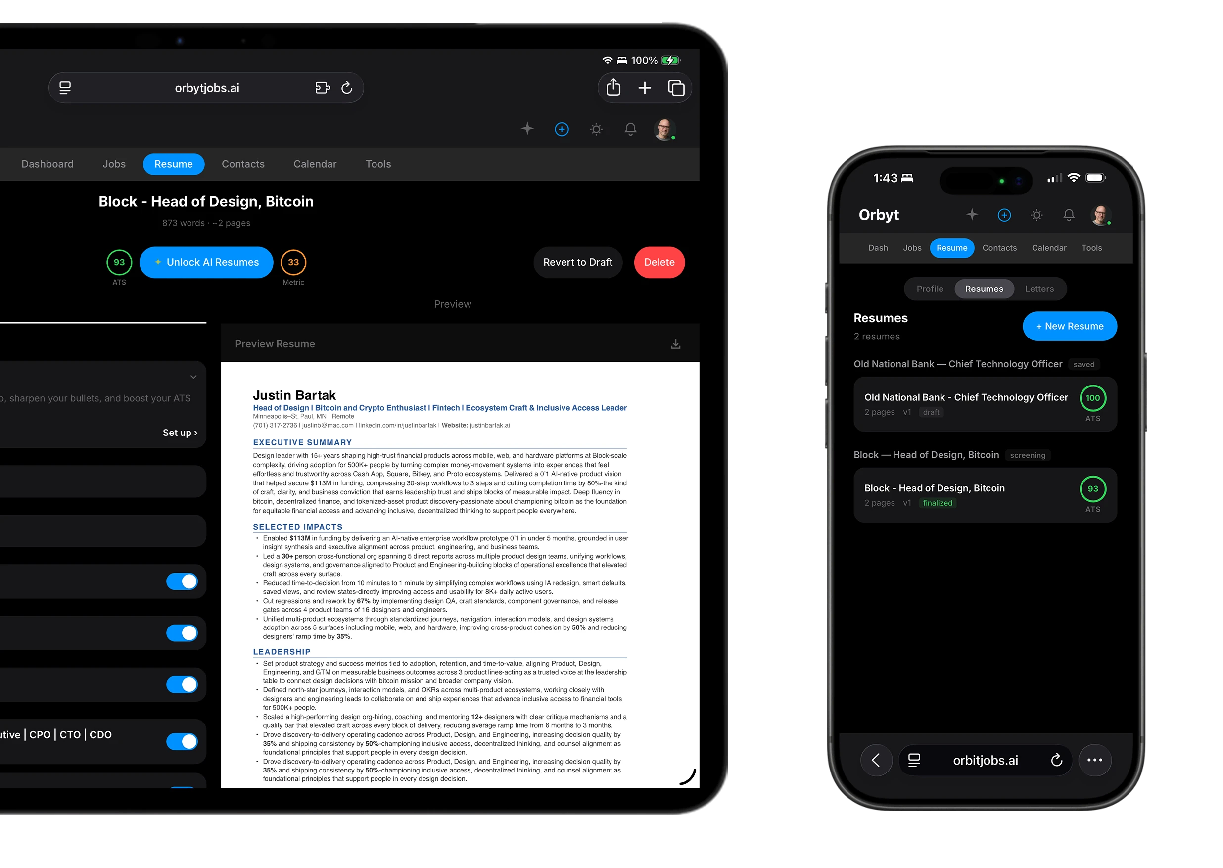 Orbyt syncing in real-time between iPhone and iPad showing the same job pipeline in dark mode