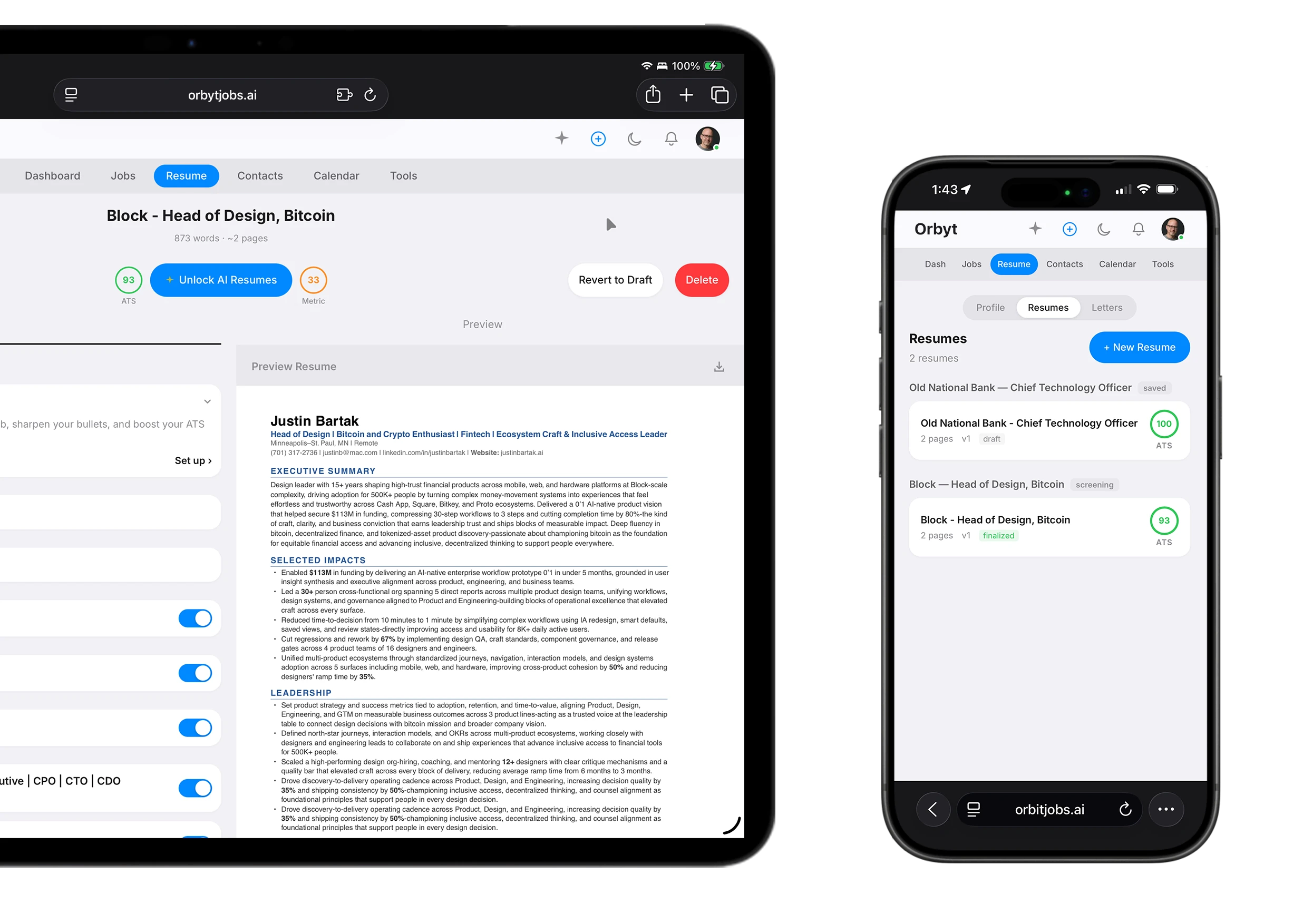 Orbyt syncing in real-time between iPhone and iPad showing the same job pipeline in light mode