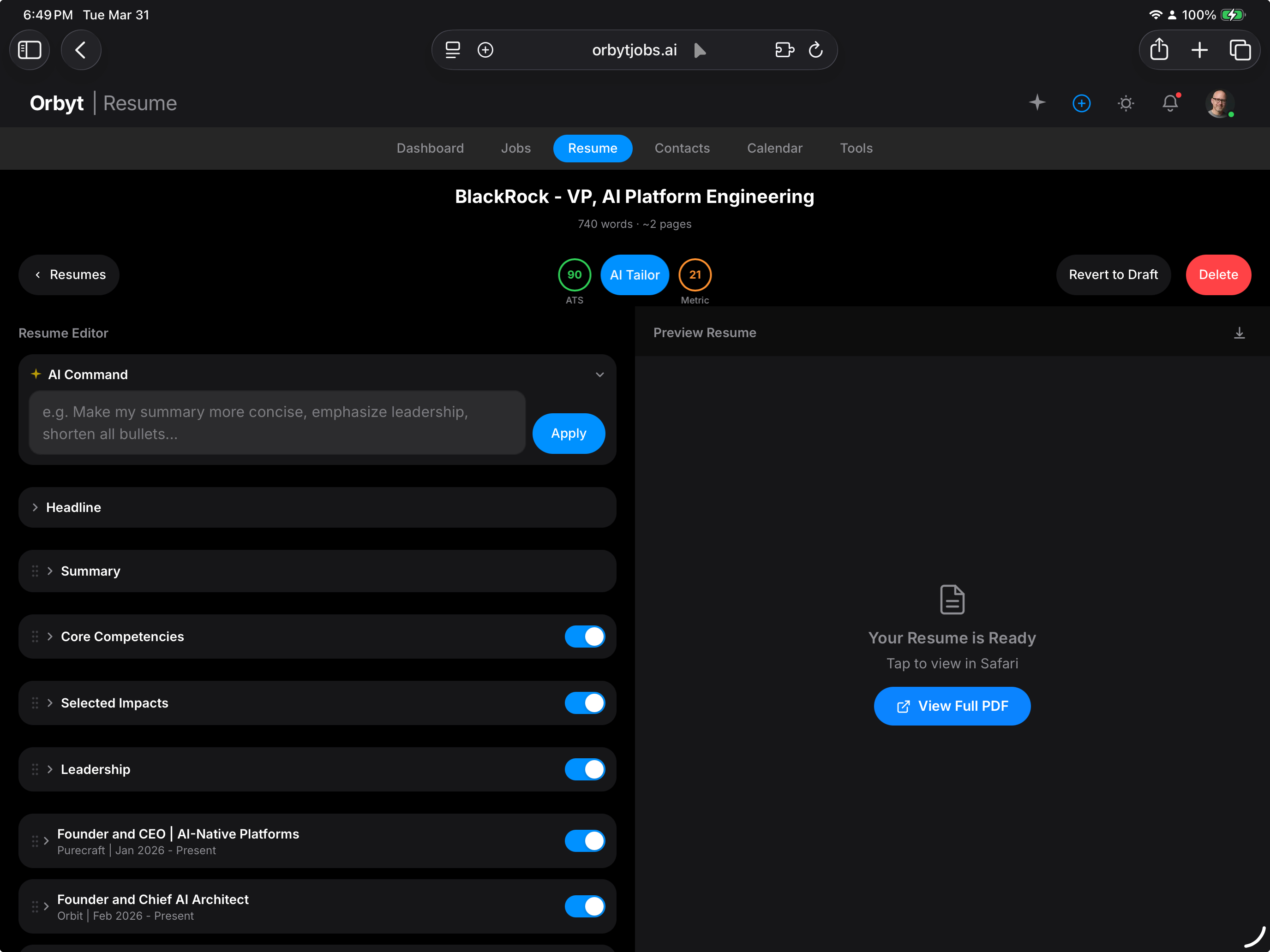 Orbyt AI resume builder editor with real-time ATS optimization and keyword suggestions