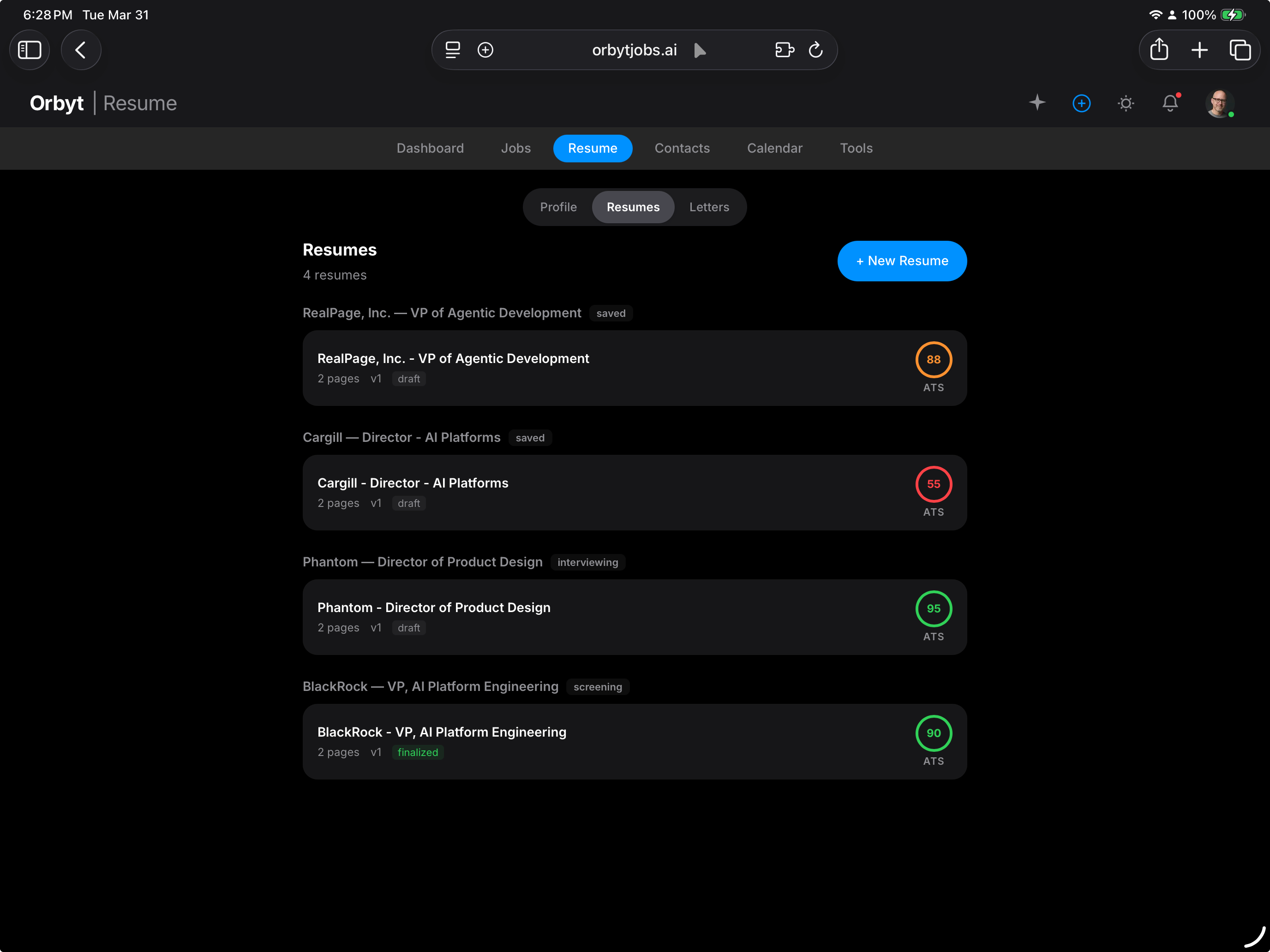 Orbyt AI resume builder showing list of tailored resumes for different job applications