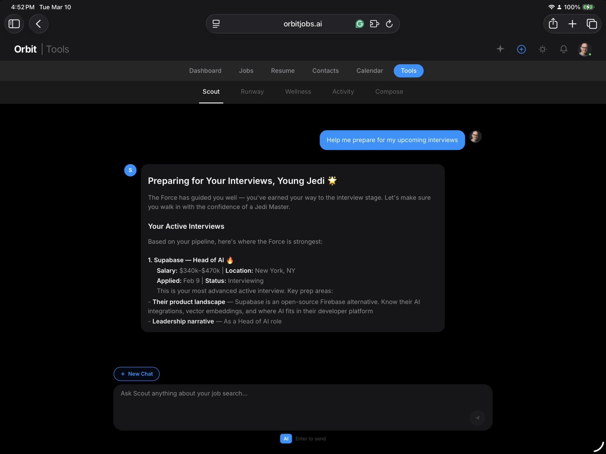 Orbyt Scout AI job search assistant providing personalized career coaching and company research on iPad
