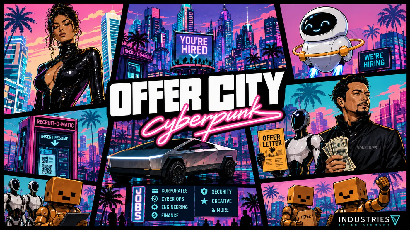 Play Offer City. An open world built out of the hiring process. Drive neon-noir Startup Alley and the cold glass of Recruiter Row, chase job leads through the traffic, and ride the Hyperloop between them.